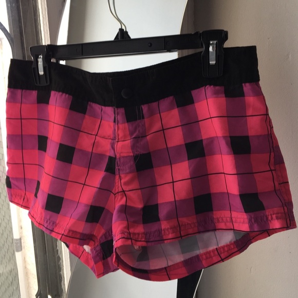 Pink, Purple, Black Plaid Castaways Board Shorts - Picture 1 of 6
